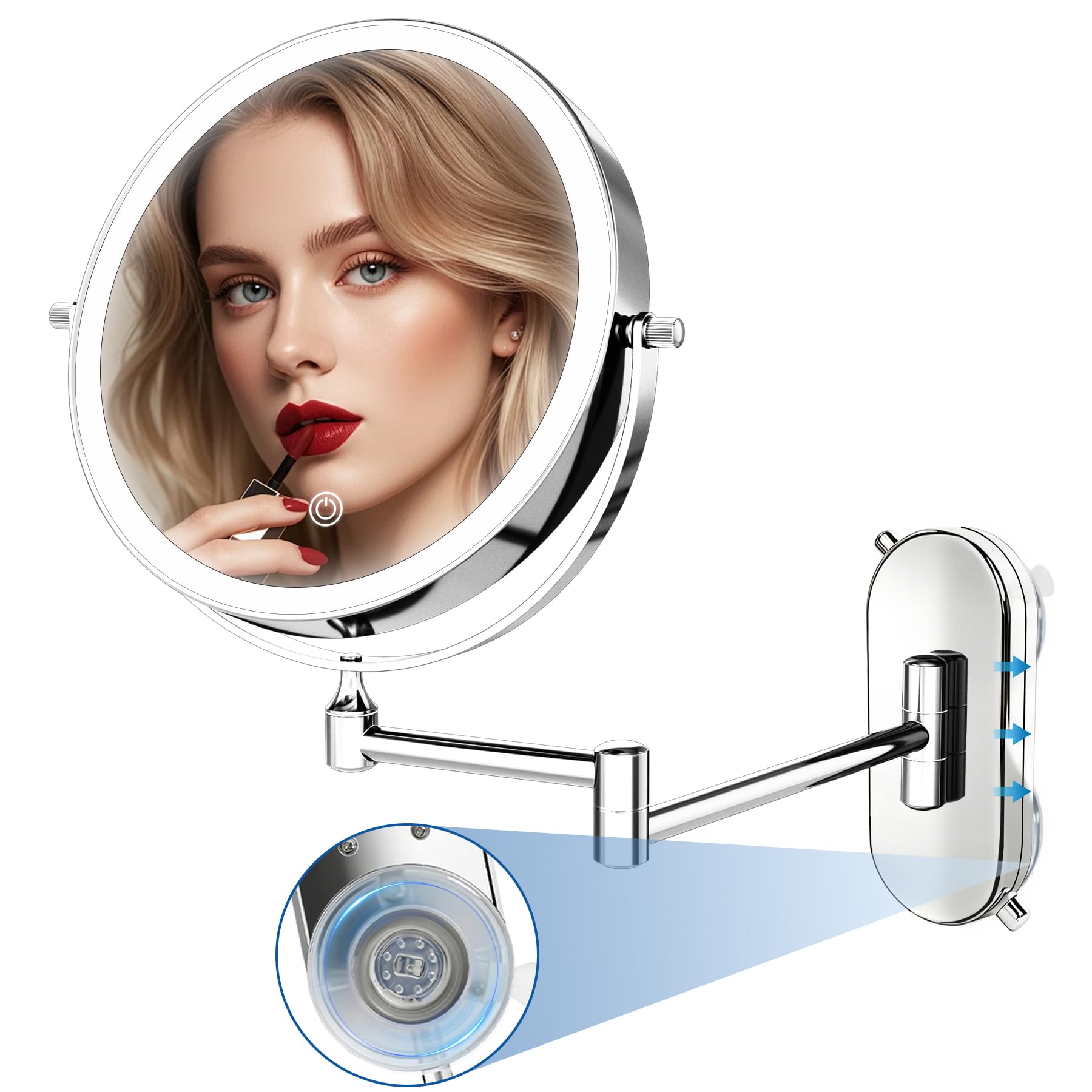 Espejo de Maquillage de Pared con Ventosa, 1/10X Aumento, 2000mAh Recargable Espejo Iluminado de Maquillaje con Ventosa, 360°Rotación para Baño, Espejo de Pared Cromo
