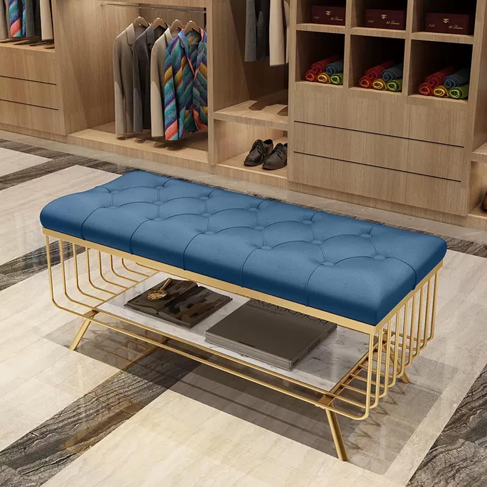 Banc de lit en cuir pour dressing et entrée chic avec étagère basse