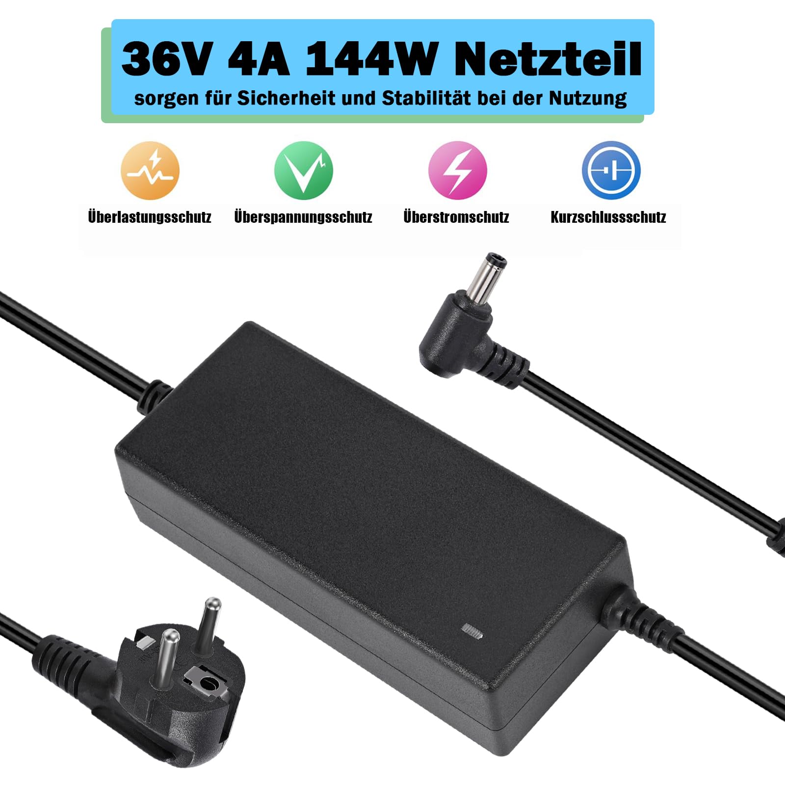 36V 4A Netzteil Adapter, AC 100V-240V to DC 36V 4A 144W Spannungswandler LED Trafo Transformator Stromversorgung 5,5mm x 2,5/2,1mm Stecker, Universal Netzadapter für LED Strip,LCD Monitor,CCTV Kameras