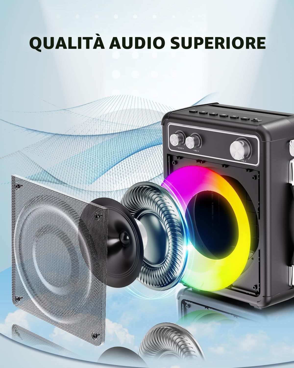 BONAOK Karaoke Machine, Sistema Karaoke Bluetooth con 2 Microfoni, Macchina Ricaricabile per il Karaoke Party, Music Box con Effetto Luci, Supporto TF USB per Home Party