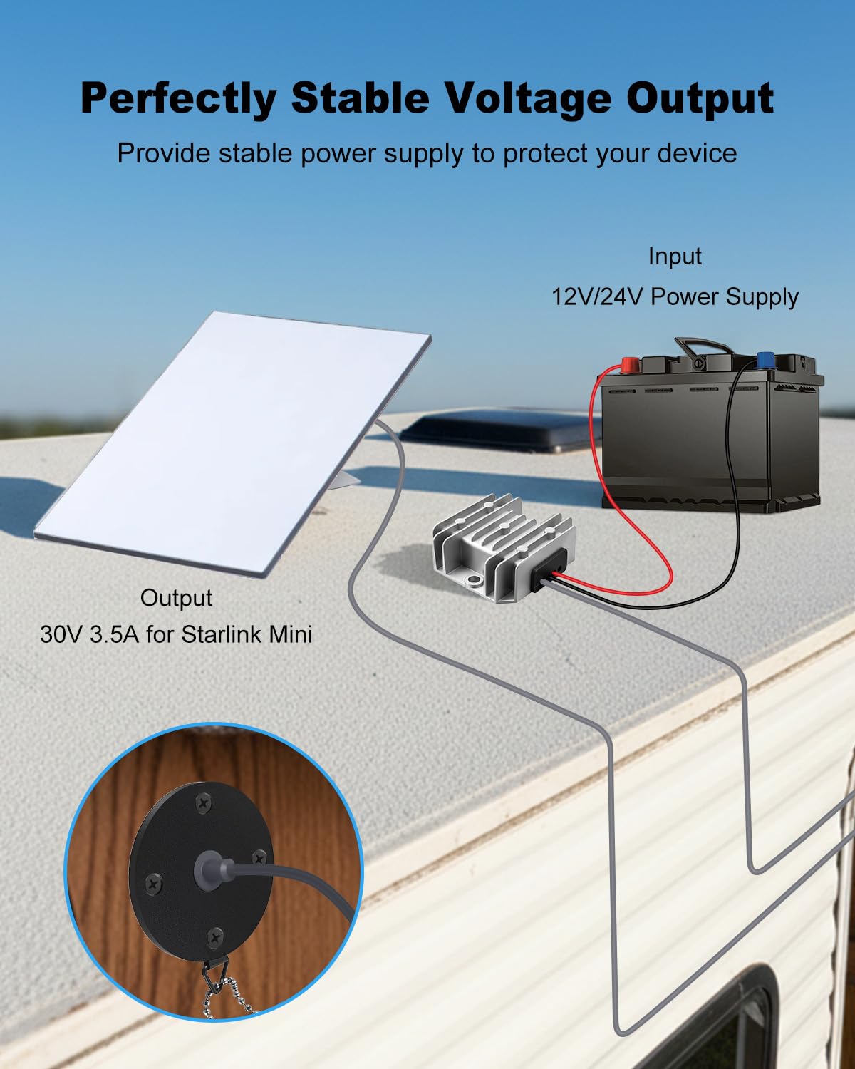 Starlink Mini DC Boost Adapter. Adaptador de corriente de 12 V/24 V a 30 V 3.5 A con cubierta impermeable y enchufe hembra, montaje en panel redondo con puerto CC RV 5521, instalación integrada para