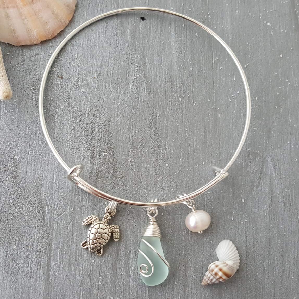 yinahawaii Handmadewire wrapped seafoam sea glass bracelet, (Hawaii Gift Wrapped, Customizable Gift Message)