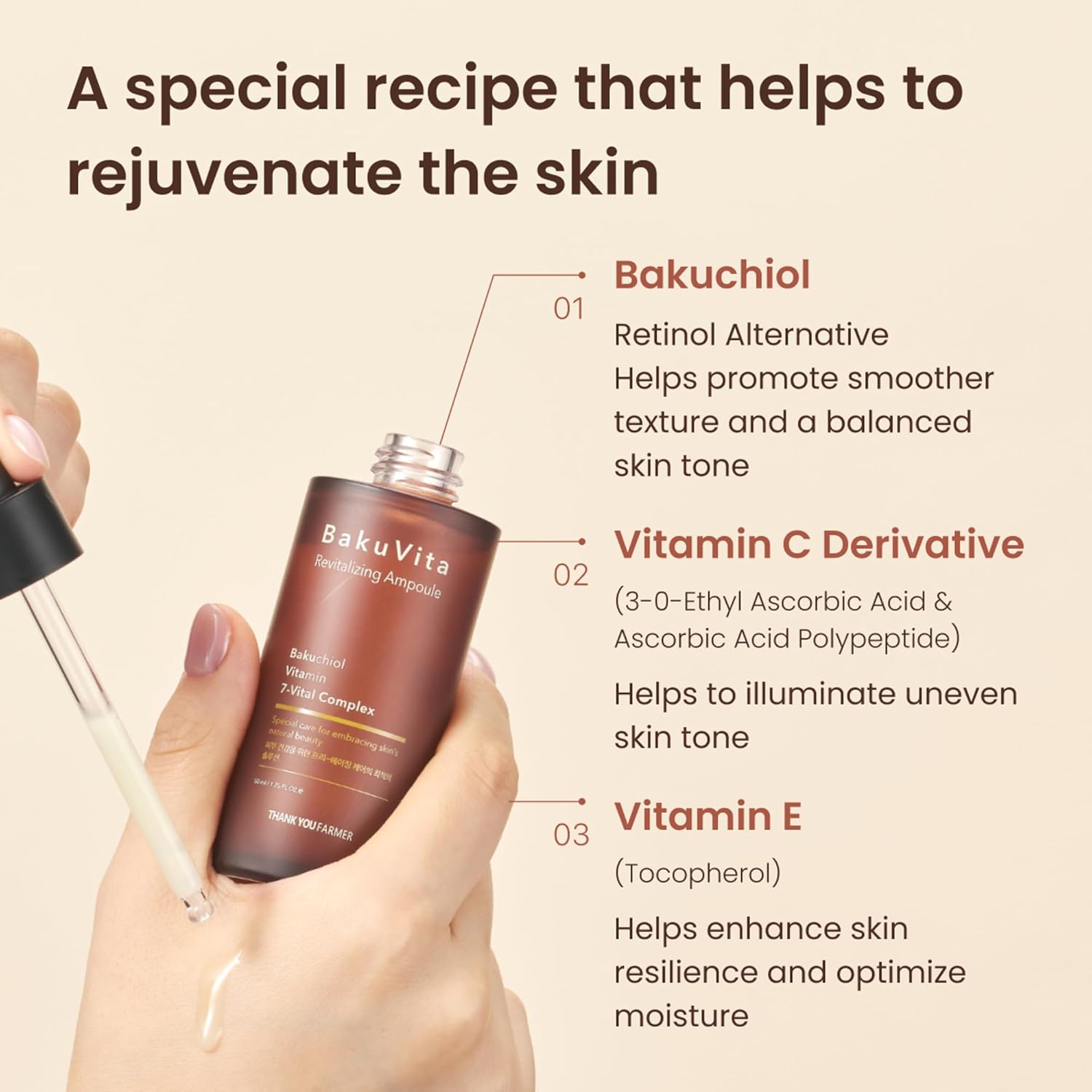 THANKYOU FARMER BakuVita Revitalizing Ampoule - Bakuchiol Retinol Alternative, Vitamin C + E Korean Serum, Pore Care, Firming, Vegan 1.75 fl oz (50ml) - Image 5