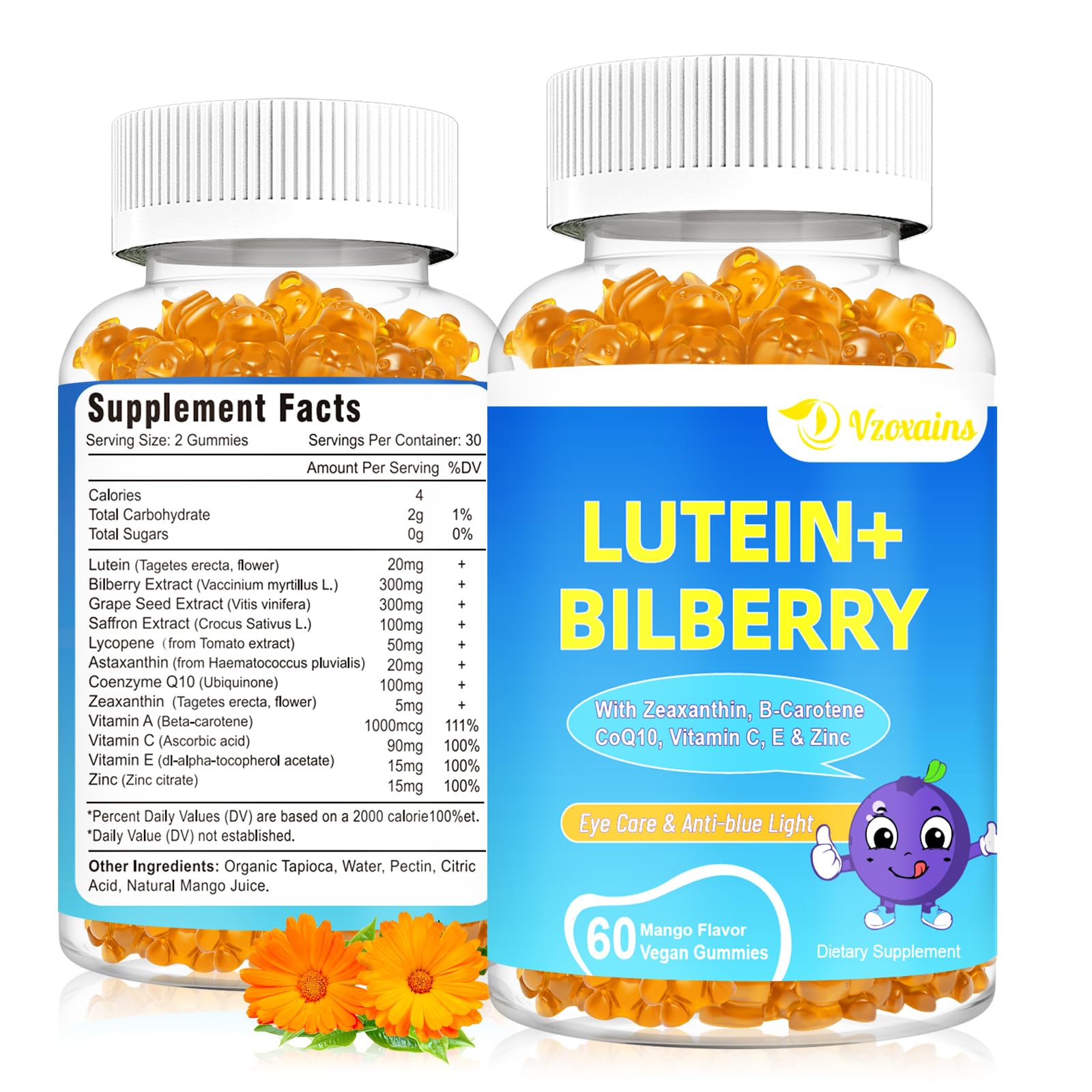 20mg Lutein & Zeaxanthin Gummies with Bilberry, Astaxanthin, Omega 3, Vitamin C, E - Sugar Free Eye Health Supplement for Adults & Kids - Dry Eye Relief, Vision Clarity, Macular Support Mango 60 Count (Pack of 2)