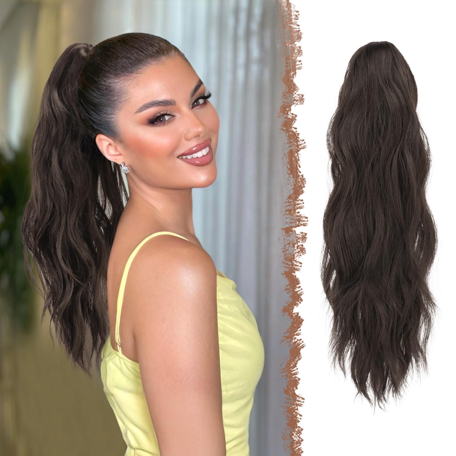 Sponsored Ad - FESHFEN Ponytail Extensions, Long Claw Clip in Ponytail Hairpiece Synthetic Pony Tails Hair Piece Natural Wavy Hairpieces for Women, 20 inch Dark Brown
