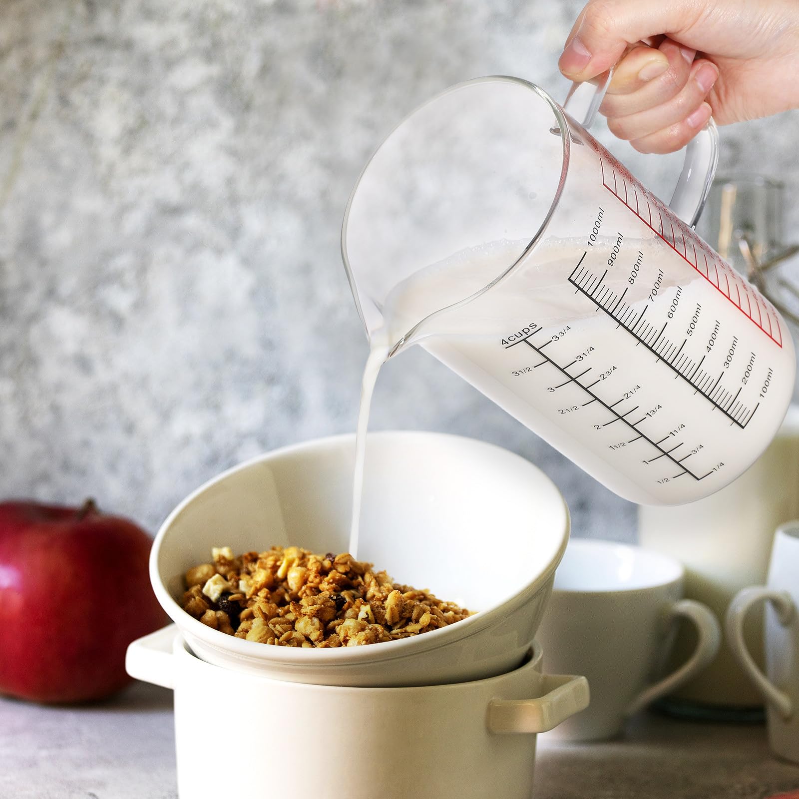 STOBAZA Taza Medidora de Vidrio de 1000 Ml con Asa, Vaso Graduado Multifuncional con Cuatro Escalas (ml, Onzas, Tazas), Resistente Vidrio de Borosilicato, Adecuado para Repostería y