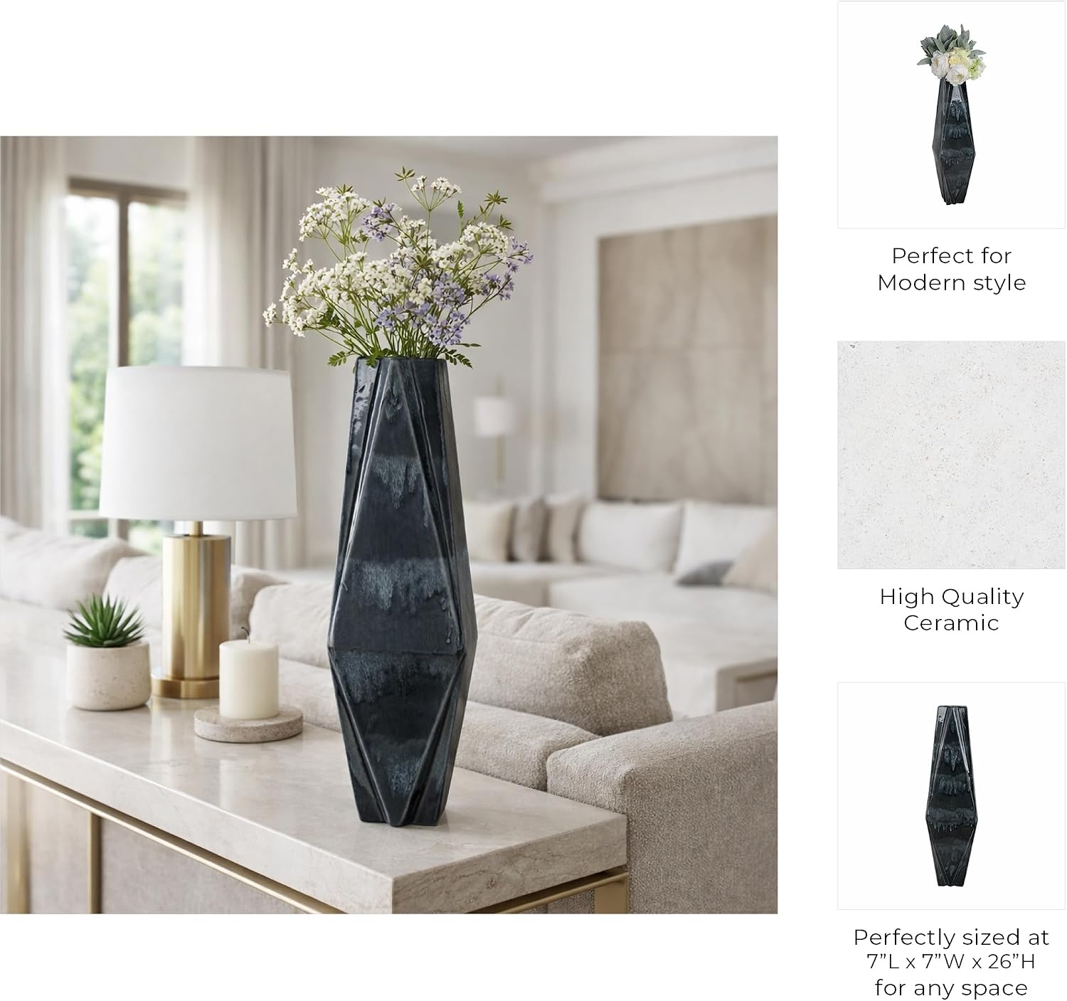 Geometric Angular Vase for Living Room Decor - Modern Ceramic Flower Vase for Home, Bedroom, House, and Office Room Styling - Stoneware Table Accent for Kitchen Display - 26", Gray & Black
