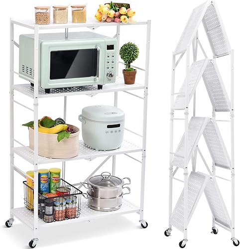 TOOLF Estantes de almacenamiento plegables de 4 estantes con ruedas, unidad de estantería de gran capacidad, estante de alambre de metal