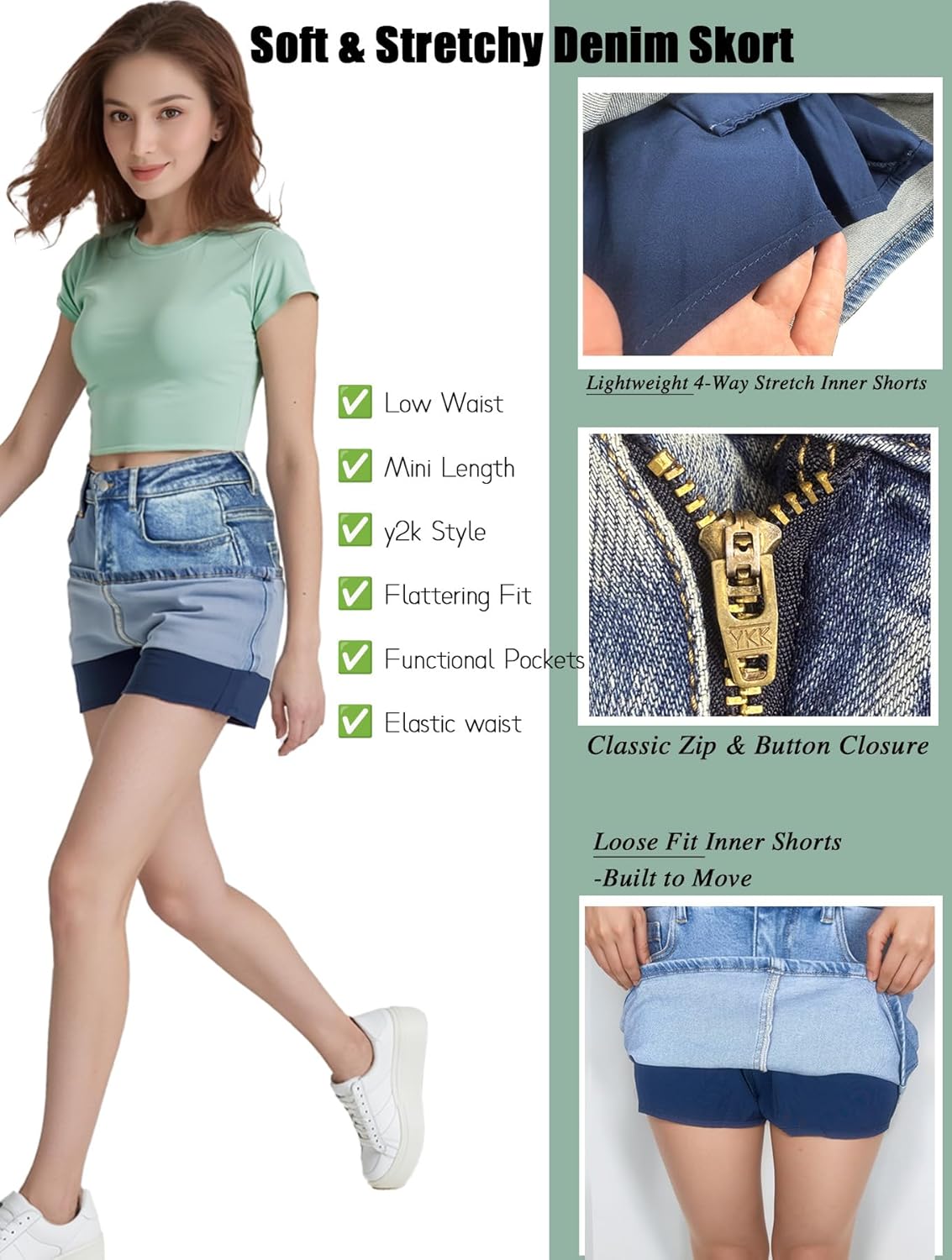 Womens Denim Skort with Built-in Shorts - Low Rise Stretchy Mini Skirt, Casual Y2k Style A Line Jean Skirts for Women - Image 7