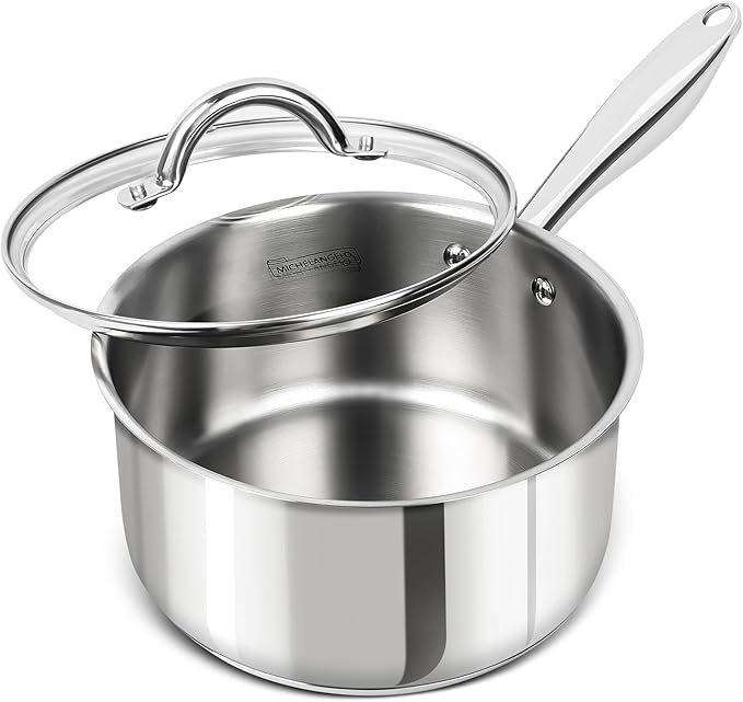Michelangelo 3-quart stainless tri-ply saucepan with glass lid