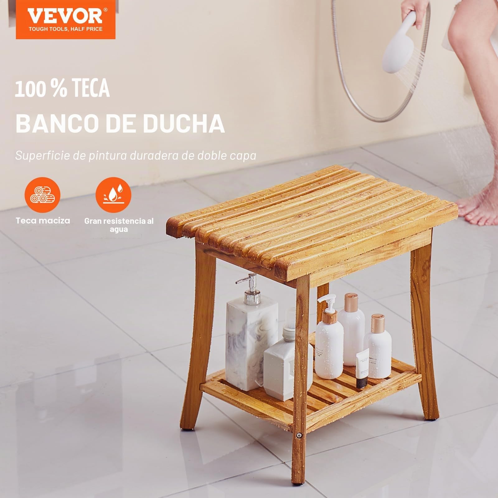 VEVOR Banco de Ducha de Teca Madera Impermeable con Estante de Almacenamiento, Almohadillas Antideslizantes para los Pies, Carga Máxima 180 kg, para Uso en Interiores y Exteriores 500 x 363 x 455 mm