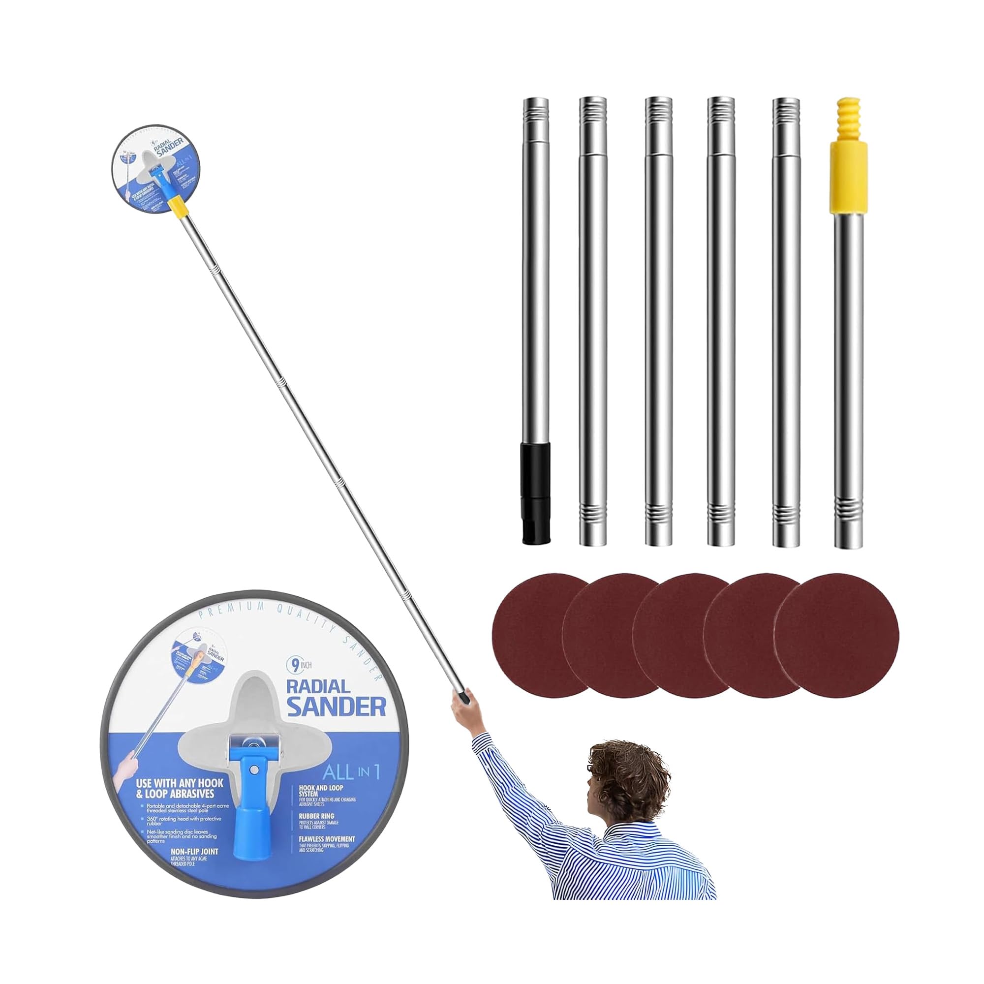 Handheld 9 Inch Drywall Pole Sander: 360° Rotation Radial Sander with 180cm Extension Pole 6Pcs Sandpaper (120, 180, 240, 320 Grit) Aluminum Alloy Drywall Polishing Sanding Tool for Walls and Ceilings