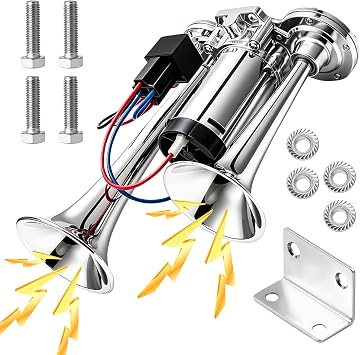BURMONG 12V 600DB Super Loud Electric Air Horn, Silver Dual Trumpet Train Truck Horn Kit with Compressor, Universal for Vehicles, Trucks, SUVs, Motorcycles, Pickup, Boats and Lorries