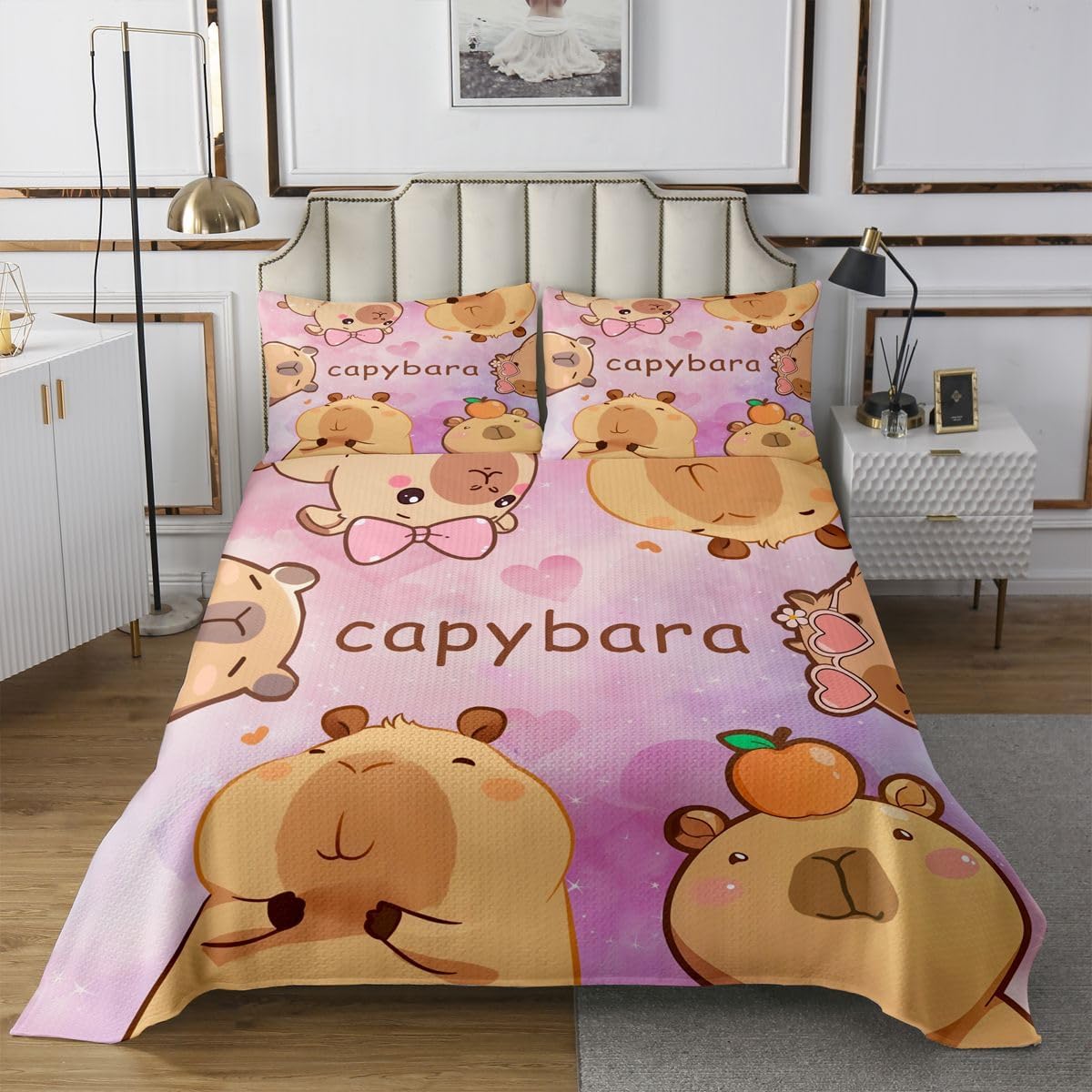 jejeloiu Cartoon Capybara Bedspread 2 Pieces Twin Size Funny Capybaras Coverlet Set Soft Cozy Capybara Lover Lightweight Quilted Coverlet for All Season with 1 Pillowcase Cute Animals