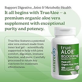 NatureCity True-Aloe Gut Health Support - 80,000mg Aloe Vera Gel Equivalent Per Serving - Organic Aloe Vera (120 Capsules) for Digestive, Skin & Joint Support | Small Easy-to-Swallow Pills