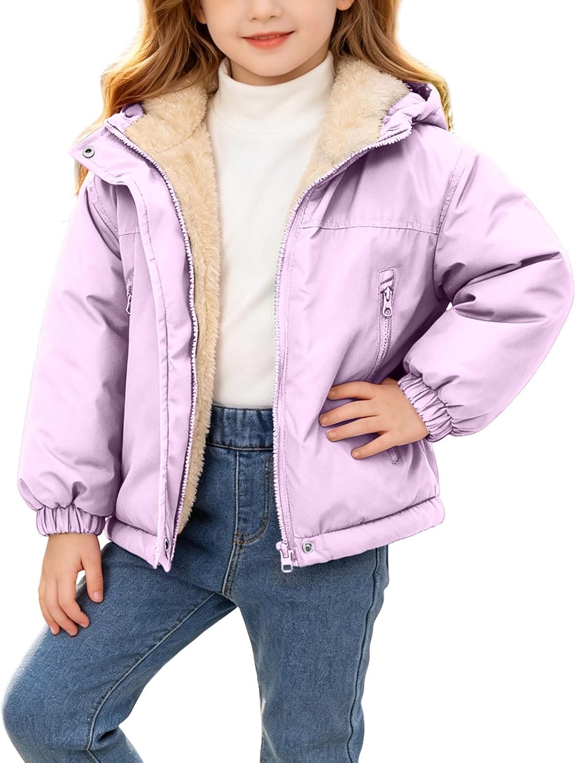 Kids Sherpa Lined Zip Hoodie Warm Winter Jacket Coat | Unisex Boys Girls Sherpa Lined Fleece Jacket Hoodie Kids Warm Winter Zip Up Hooded Heavyweight Jackets Windbreaker Coat