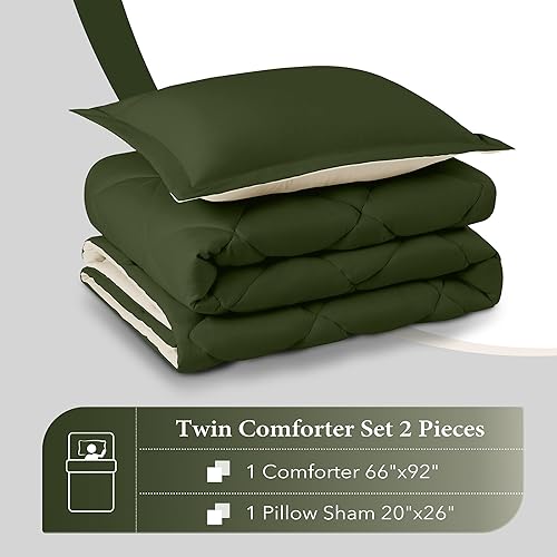 Miniatura 6 de downluxe Juego de edredón ligero (individual) con 1 funda de almohada, juego de 2 piezas, color verde liquen y blanco, edredón reversible