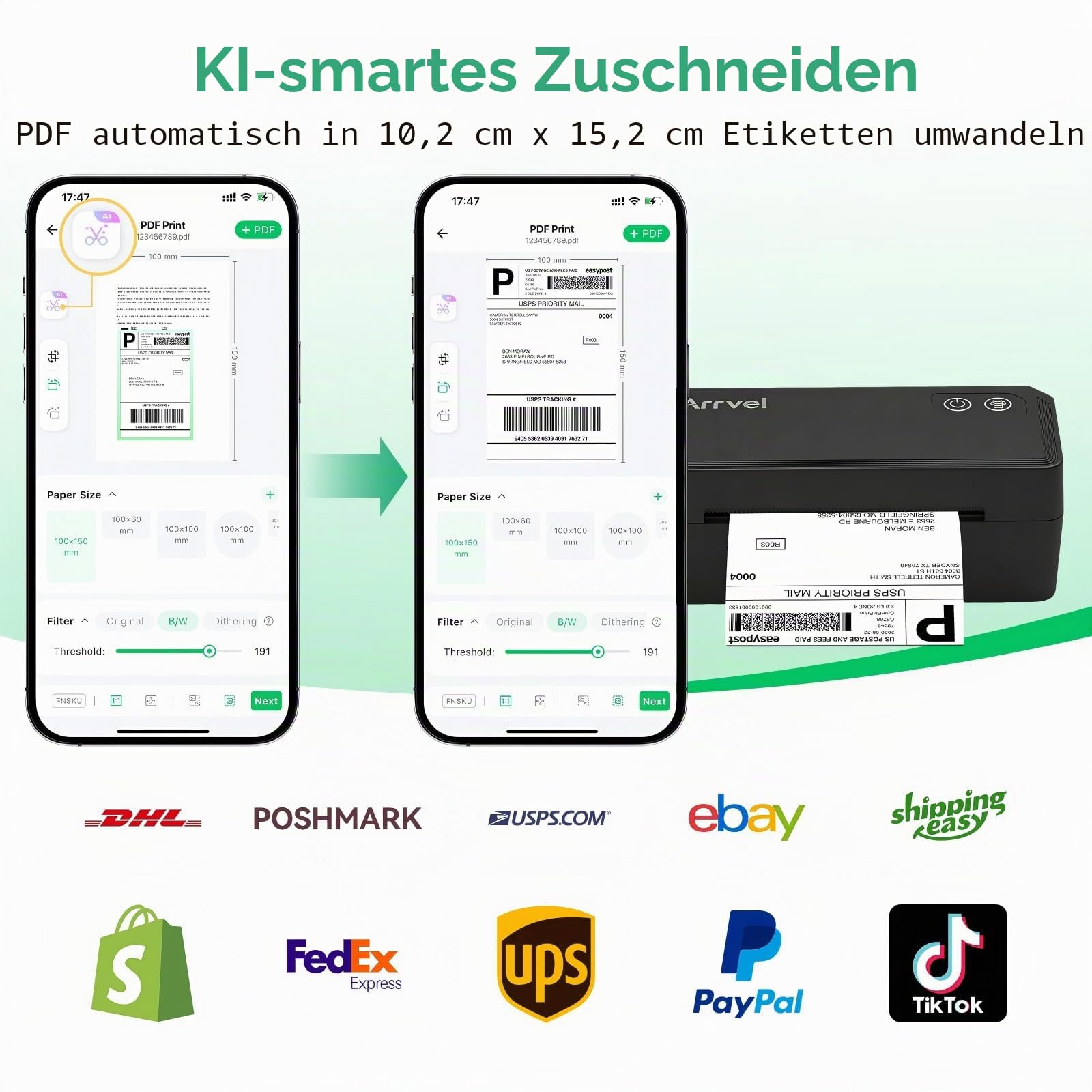Bluetooth Etikettendrucker mit Ständer, 4x6 Label Printer Thermodrucker für Versandetiketten, kabelloser Labeldrucker für Amazon DHL Etsy Shopify, iPhone Android Windows Mac