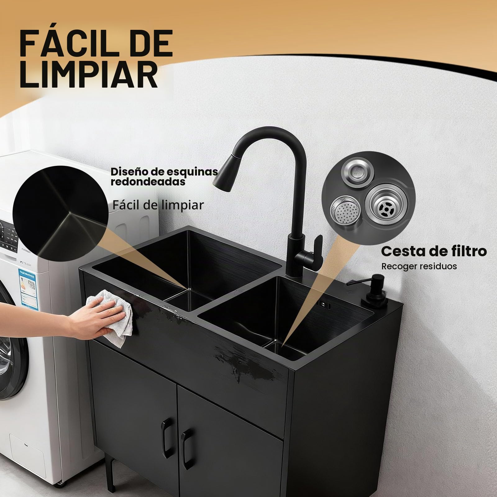 Fregadero de cocina independiente con armario y grifo extensible, 75 x 41 x 78 cm, acero inoxidable, comercial, fregadero doble con cesta de drenaje y unidad de desagüe para cocina, lavandería/negro