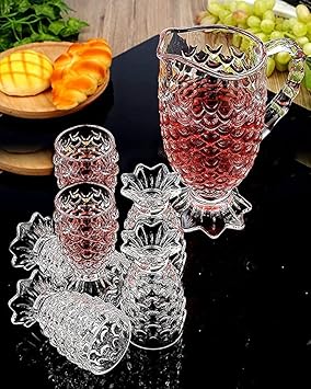 Pineapple Design Crystal Glass Water Juice Jug with Glasses | 1 Jug with 6 Glasses Set for Drink | Stylish Crystal Desire Lemon Juice Water Jug | (1.3L Jug) (220 ml Each Glass)