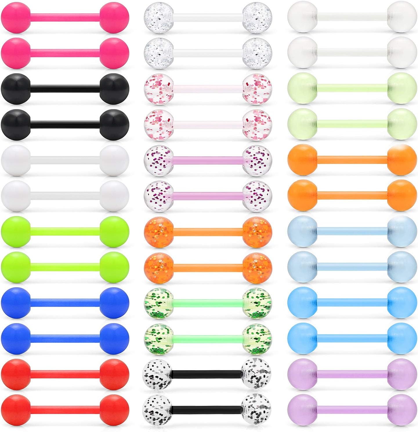Lcolyoli 36Pcs 14G Glow in Dark Flexible Acrylic Straight Tongue Barbell Nipple Ring Retainer Piercing Jewelry for Women Men 16mm Bar