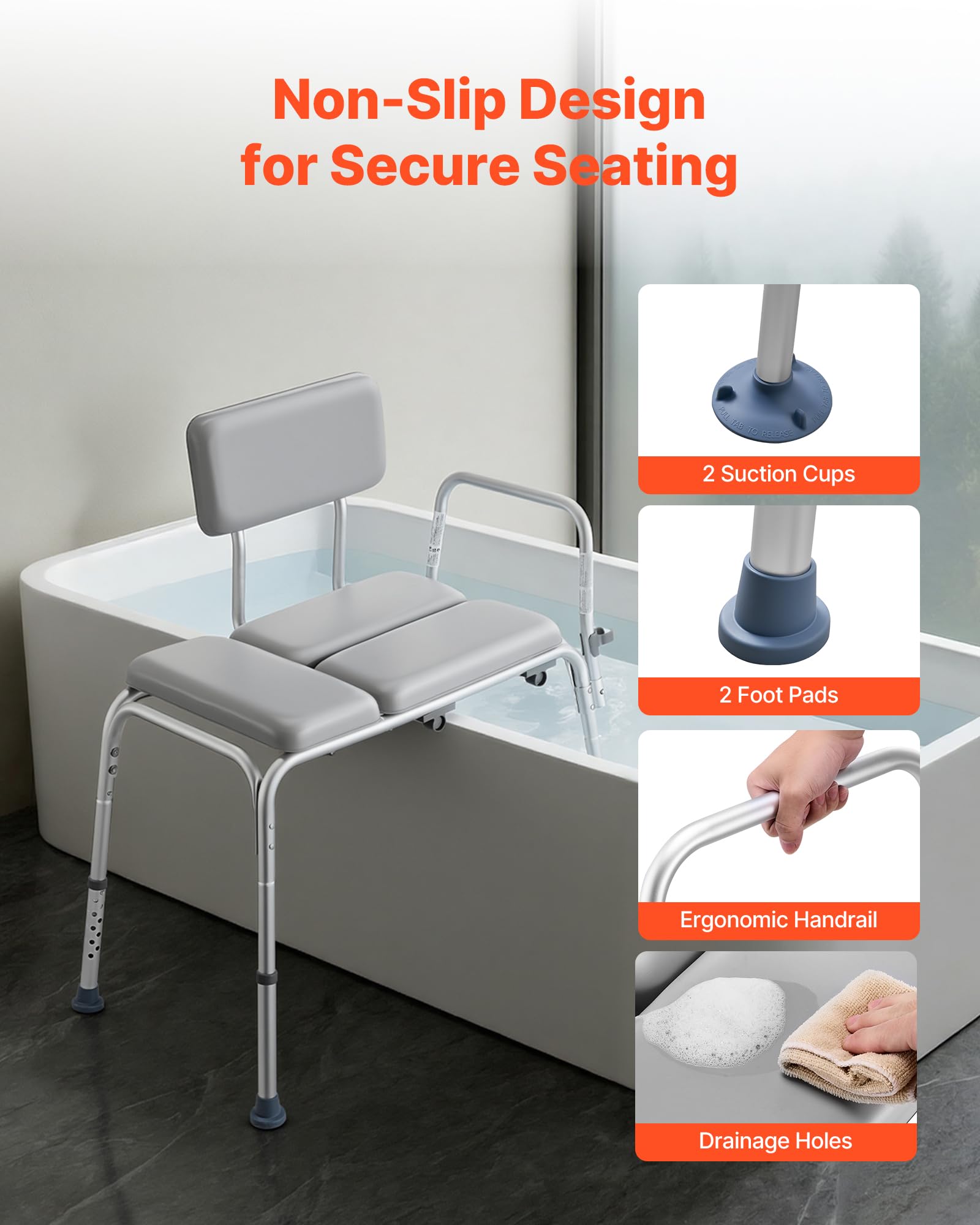 VEVOR Silla para Bañera con Brazo y Respaldo, Asiento de Bañera Capacidad de 227 kg, Altura Ajustable de 385 a 500 mm, Silla de Ducha para Adultos, Personas Mayores, Personas con Discapacidad