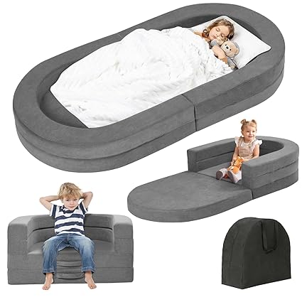 Travel Toddler Bed, 3-in-1 Portable Foldable Toddler Chair,Soft Foam Floor Bed Lounger with Washable Cover,Grey