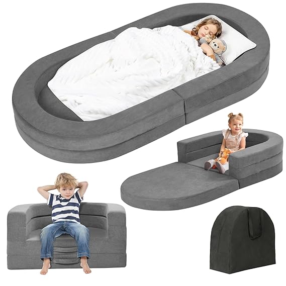 Travel Toddler Bed, 3-in-1 Portable Foldable Toddler Chair,Soft Foam Floor Bed Lounger with Washable Cover,Grey