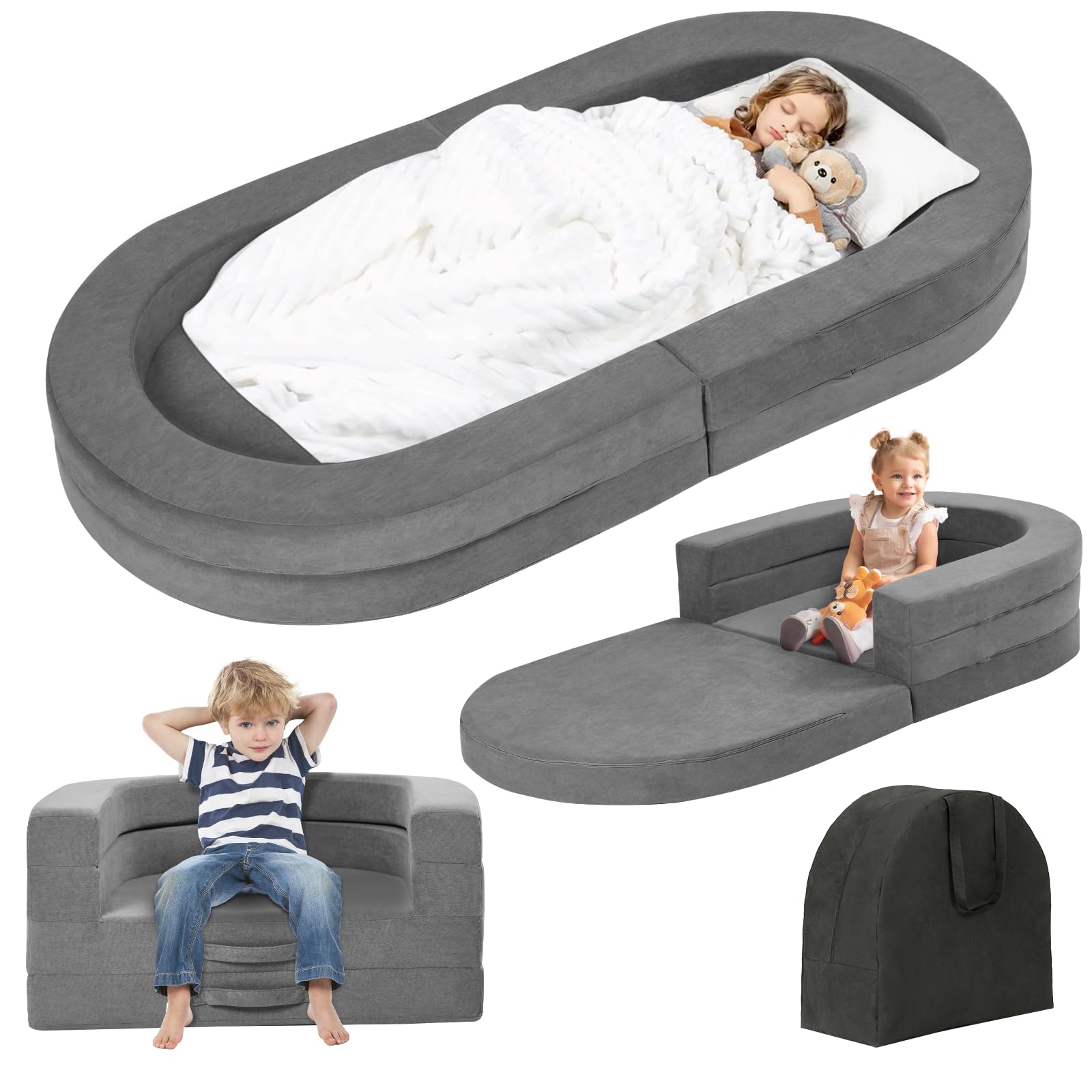 Tykacna Travel Toddler Bed, 3-in-1 Portable Foldable Toddler Chair,Soft Foam Floor Bed Lounger with Washable Cover,Grey