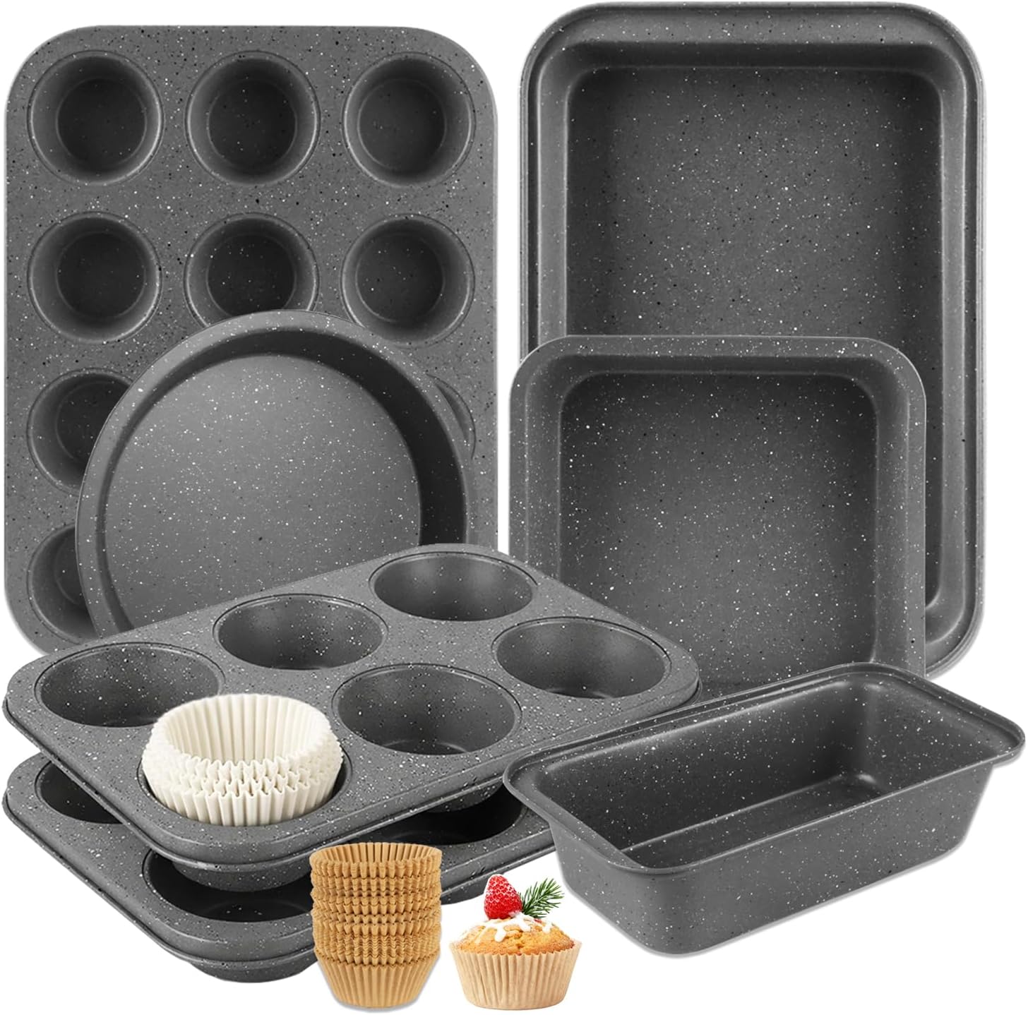 9-Piece Granite Bakeware Sets, 7 Professional Non-Stick Carbon Steel Baking Pans with Jumbo & Standard Muffin Liners, Speckled Gray Oven Pan Set for Bread, Cake, and Cupcakes