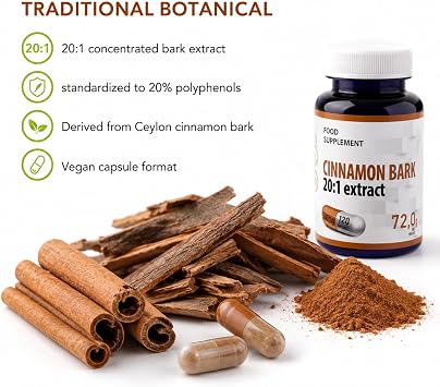 Hepatica Ceylon Cinnamon 10000 mg Equivalent 500 mg 20:1 Cinnamon Bark Extract Highly Concentrated 120 Vegan Capsules Ceylon Cinnamon - Cinnamomum Verum GMP & Laboratory Tested