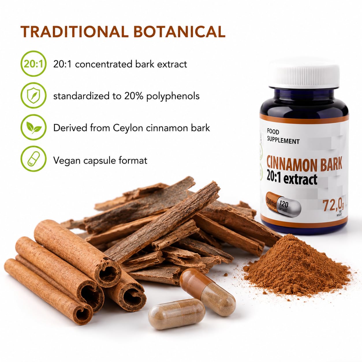 Hepatica Ceylon-Zimt | 10.000 mg Äquivalent | 500 mg 20:1 Zimtrinden-Extrakt hochkonzentriert | 120 vegane Kapseln | Ceylon Cinnamon – Cinnamomum verum | GMP & Laborgeprüft