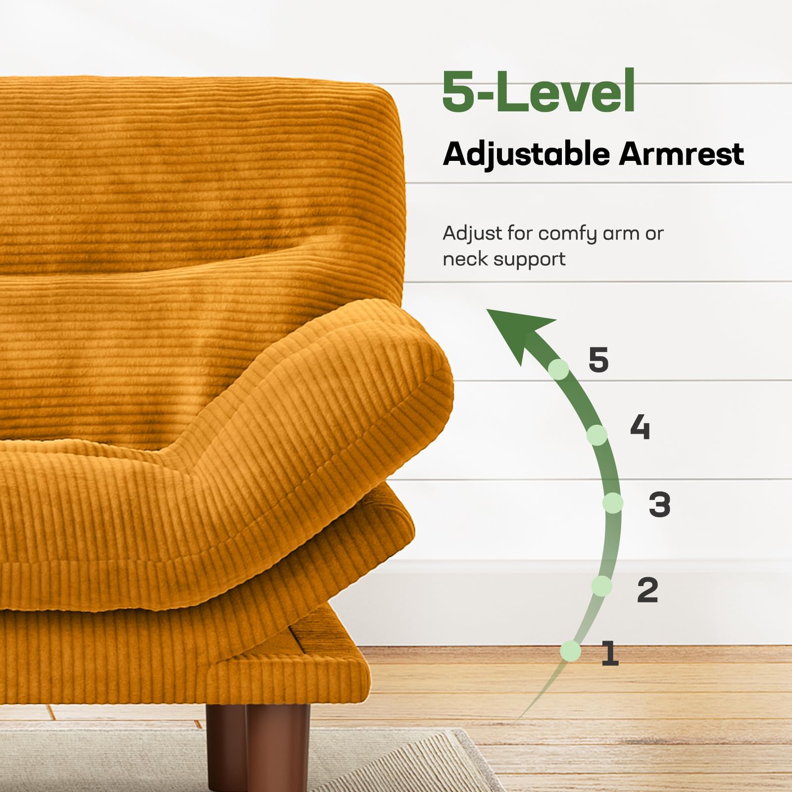 Marsail 66.02" Futon Sofa Bed, Convertible Corduroy Futon Couch with Adjustable Backrest & Armrests, Small Sleeper Sofa Loveseat for Living Room, Apartment, Office, Yellow