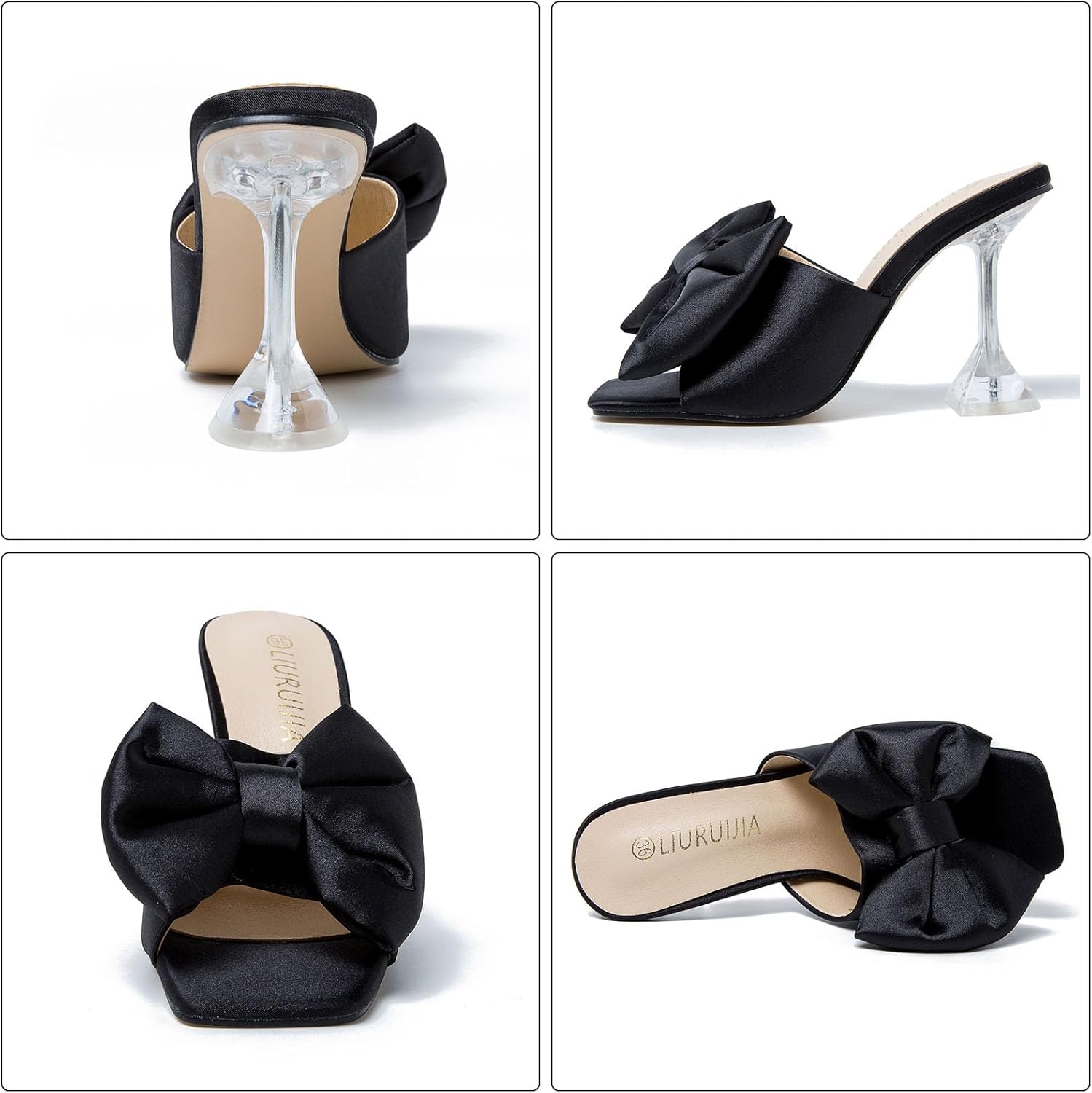 LIURUIJIA Women's Satin Bow High Heels - 3.5 Inch Clear Flare Heel Sandals, Square Open Toe Slip-on Mules Dressy Shoes for Wedding, Bridal & Evening Party - Image 6