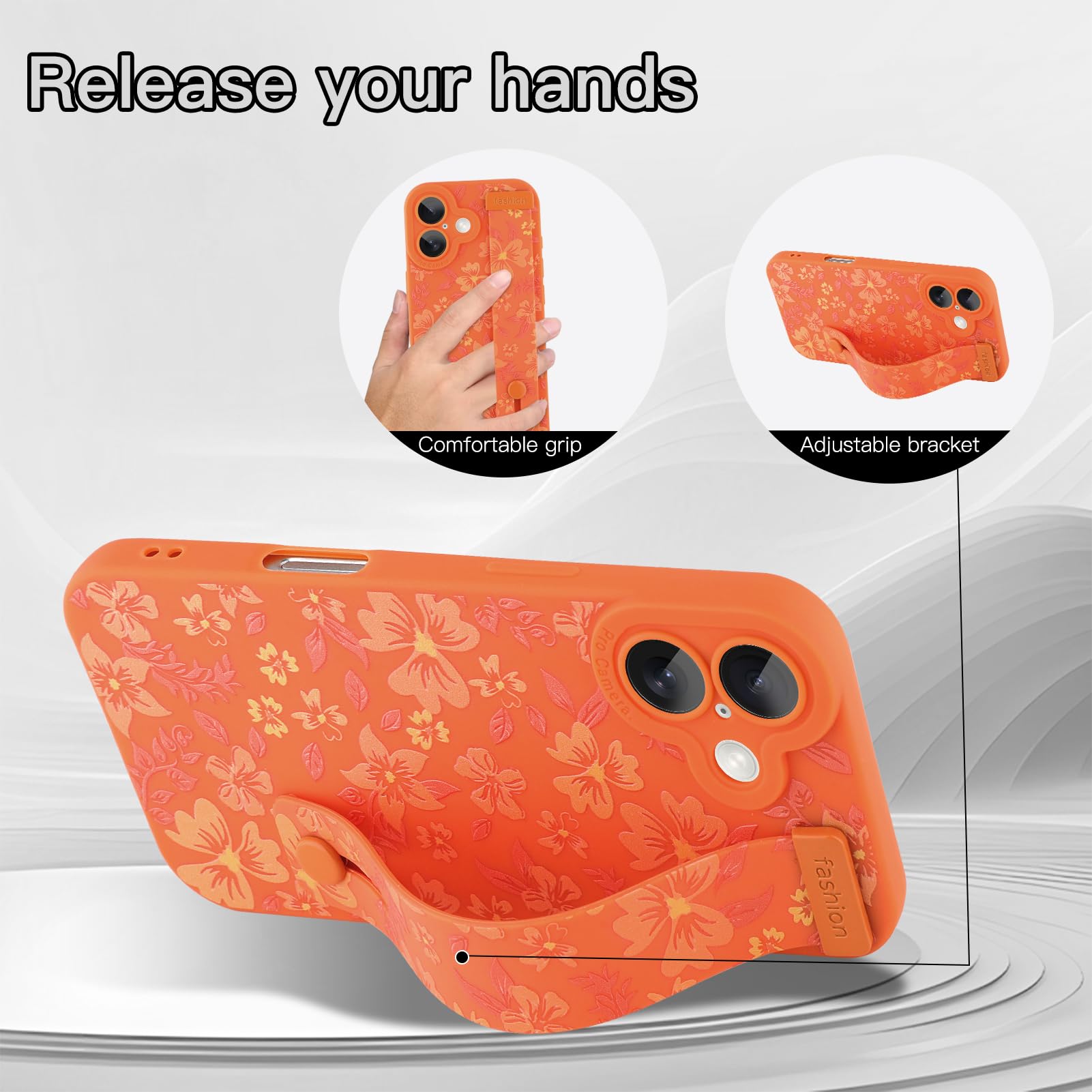 Custodia compatibile con iPhone 17 con cinturino da polso, motivo floreale carino per ragazze e donne, morbido TPU regolabile con cavalletto antiurto custodia protettiva arancione