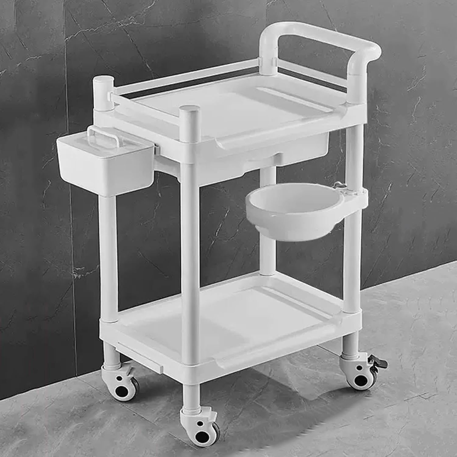 Medical Mobile Trolley Cart, 2-Shelf Lab Cart, Beauty Salon Storage Cart, Utility Cart with 4 Silent Wheels, Drawer, Dirt Basin, Storage Box, for Hospital Dental Clinic H