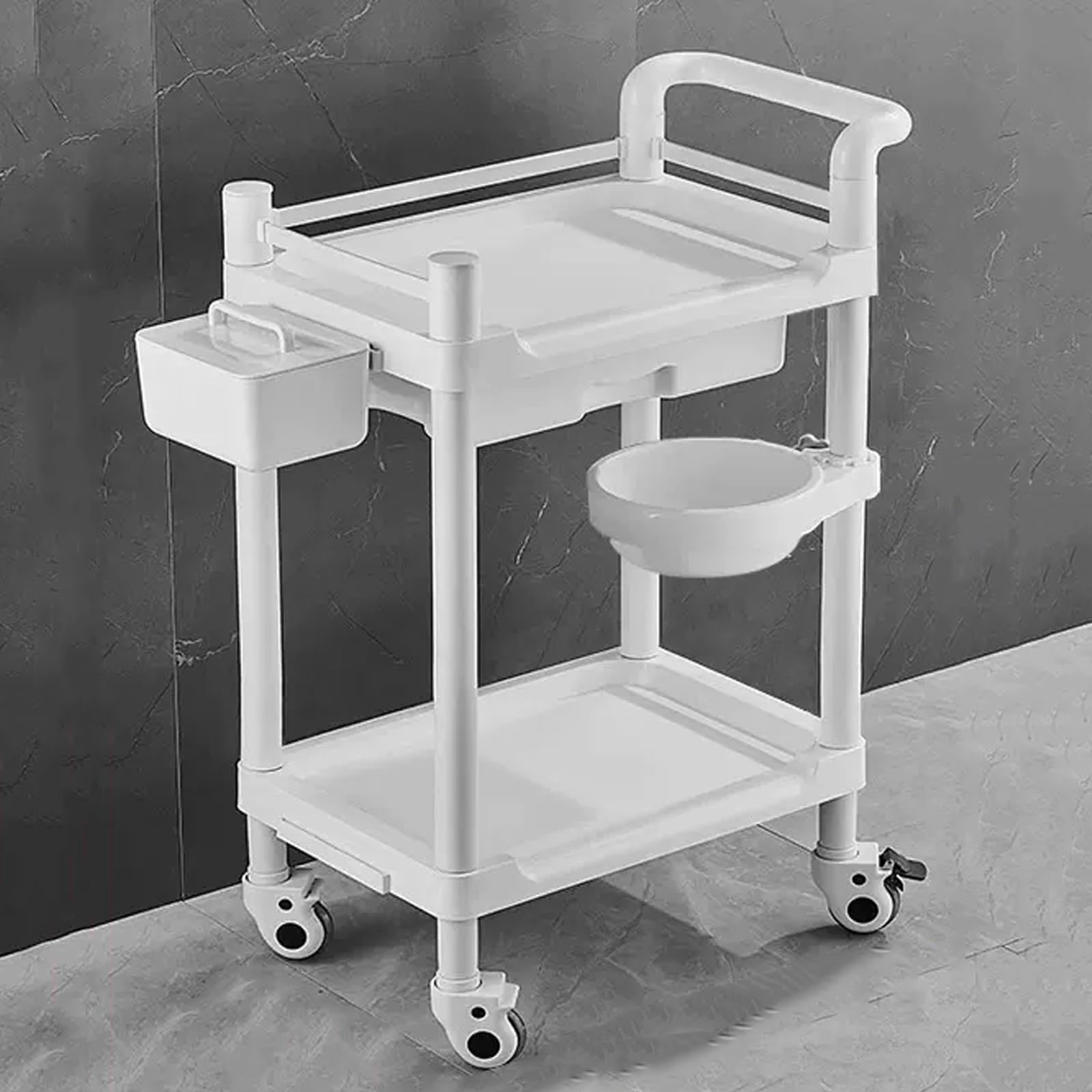 Mobilny wózek medyczny, 2-półkowy wózek laboratoryjny, wózek do przechowywania salonu piękności, wózek narzędziowy z 4 cichymi kółkami, szuflada, pojemnik na brud, pudełko do przechowywania, do