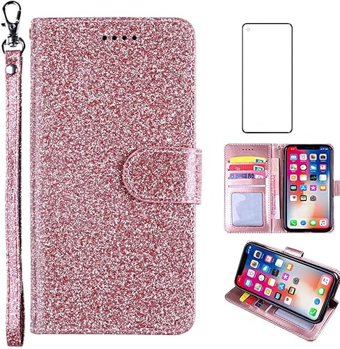 Funda con purpurina para Oneplus 8 con protector de pantalla de vidrio templado y ranura para tarjetero con función atril de cuerpo completo