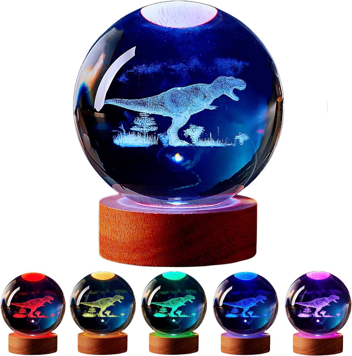YY YITIKA Crystal Ball Night Light, 3D Planetary Models Night Light, USB Powered, Wooden Base, Birthday Christmas and Others Dream Decoration Gift (Dinosaur)