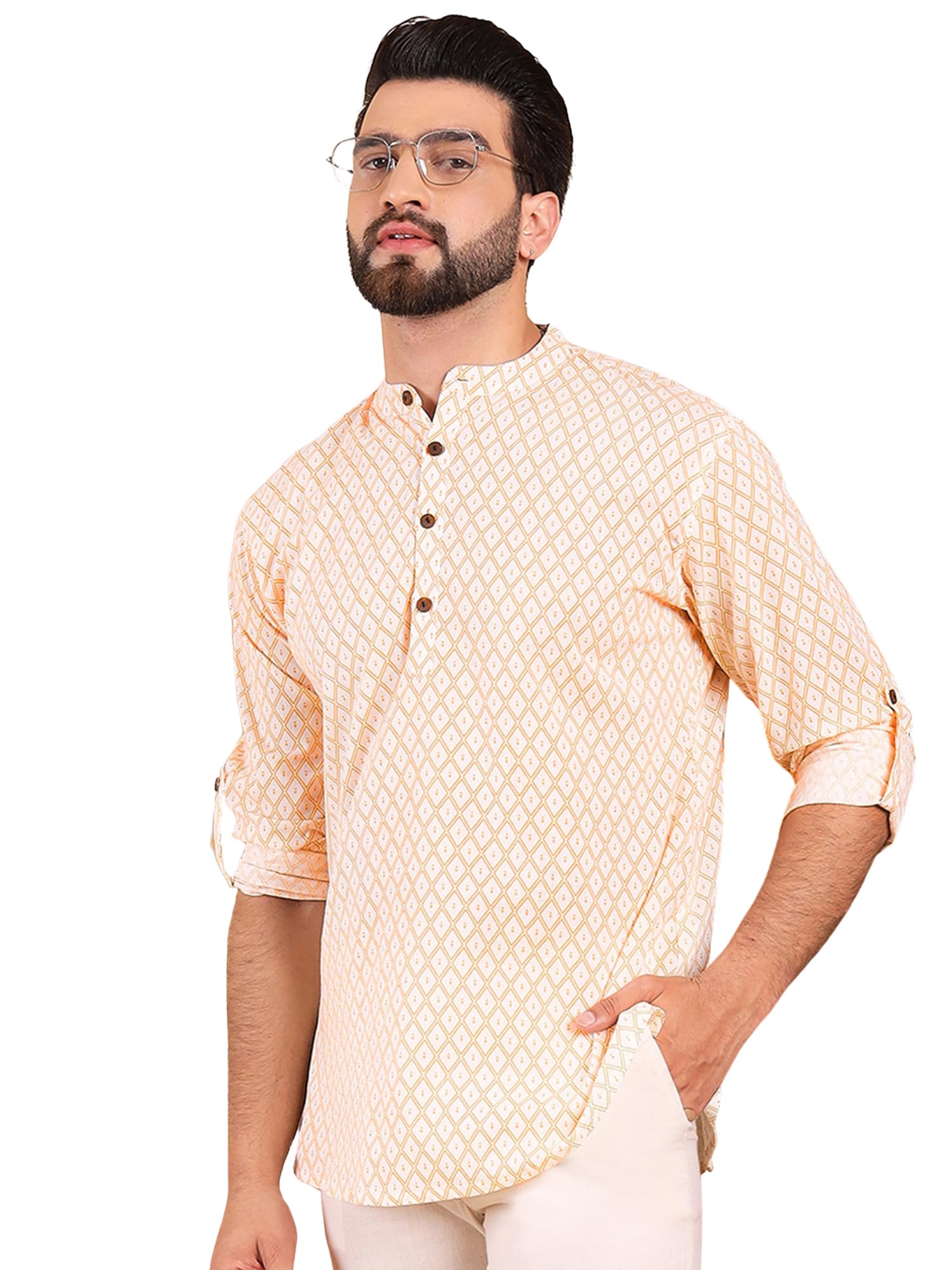 Ethnic Bay Men's Cotton Argyle Printed Short Regular Kurta(MSKU1007WHT)