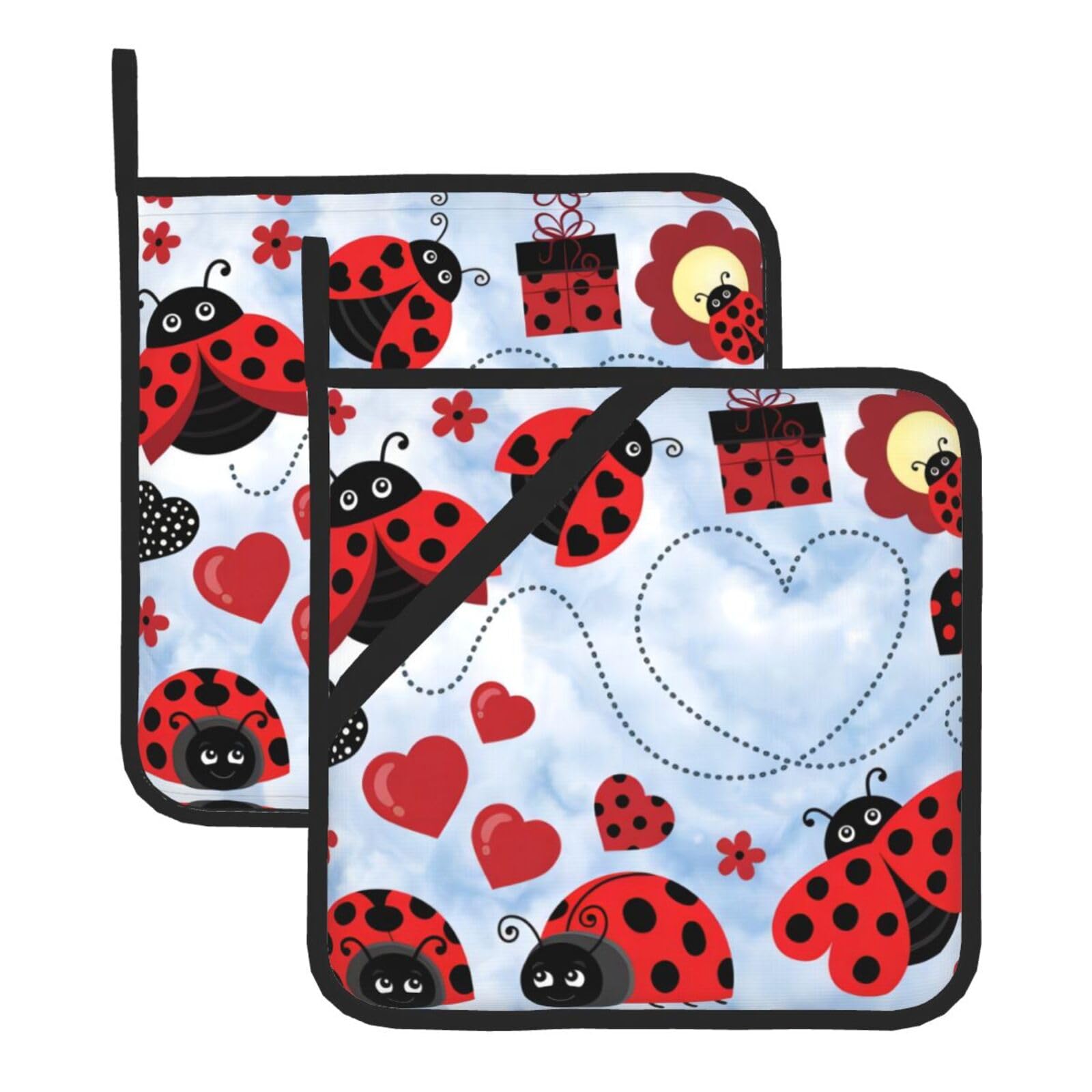 YYHWHJDE Ladybug And Cloud Prints Square Hot Pads for Kitchen Counter - Waterproof Pot Holders with Hanging Loop, Durable Trivets for Microwave Oven - 2 Pack