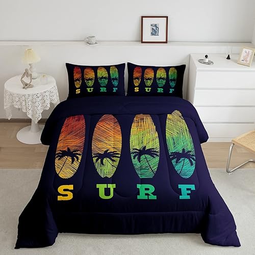 Castle Fairy Juego de edredón de tamaño matrimonial con diseño de patineta de surf, arco iris, cocoteros, colección de dormitorio, color azul