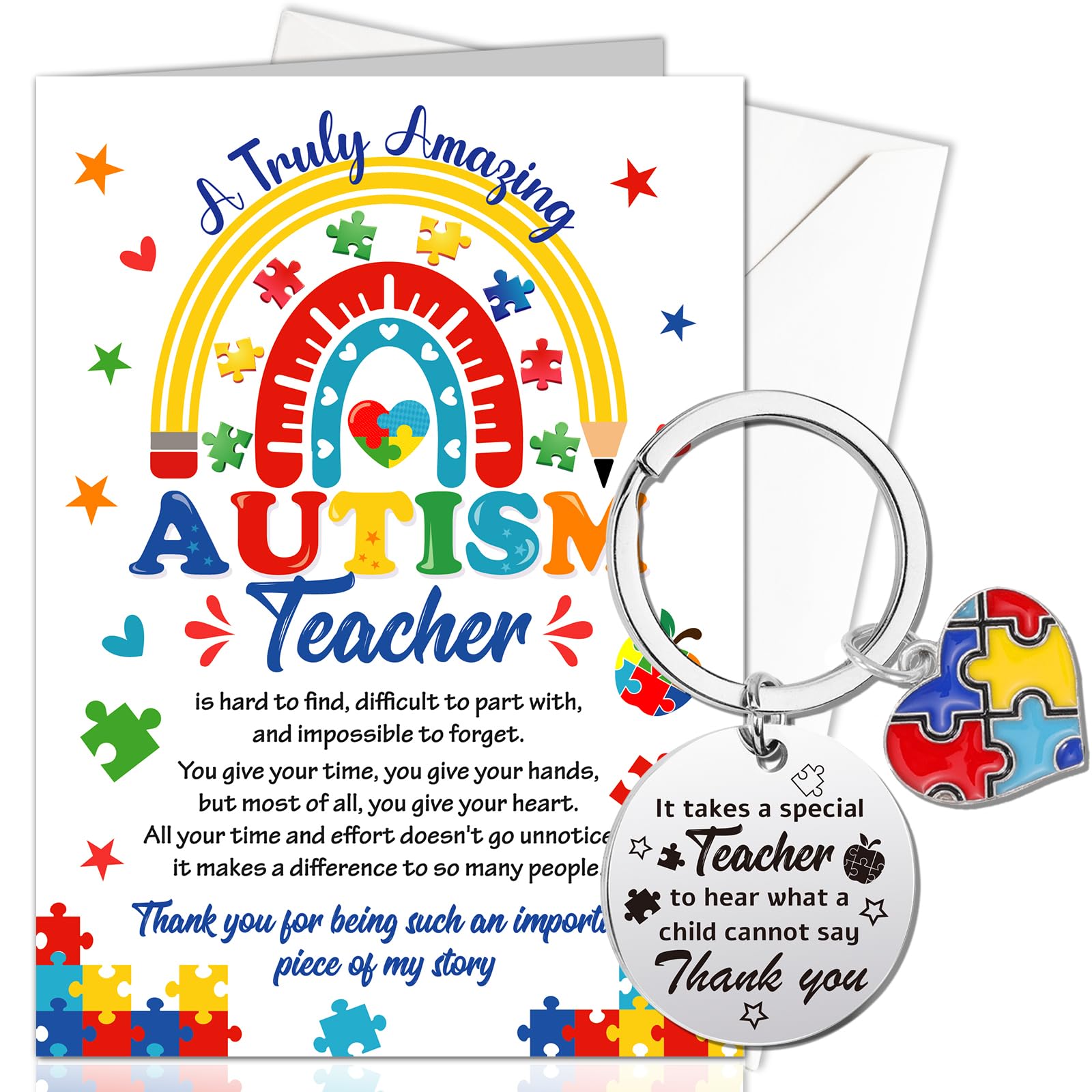 HOWAF Autism Teacher Gifts, Thank You Teacher Gifts Autism Card autism Awareness Thank You Card Greeting card with Envelope Unique SEN teacher gifts Keyring Keychain Special Education teacher Presents