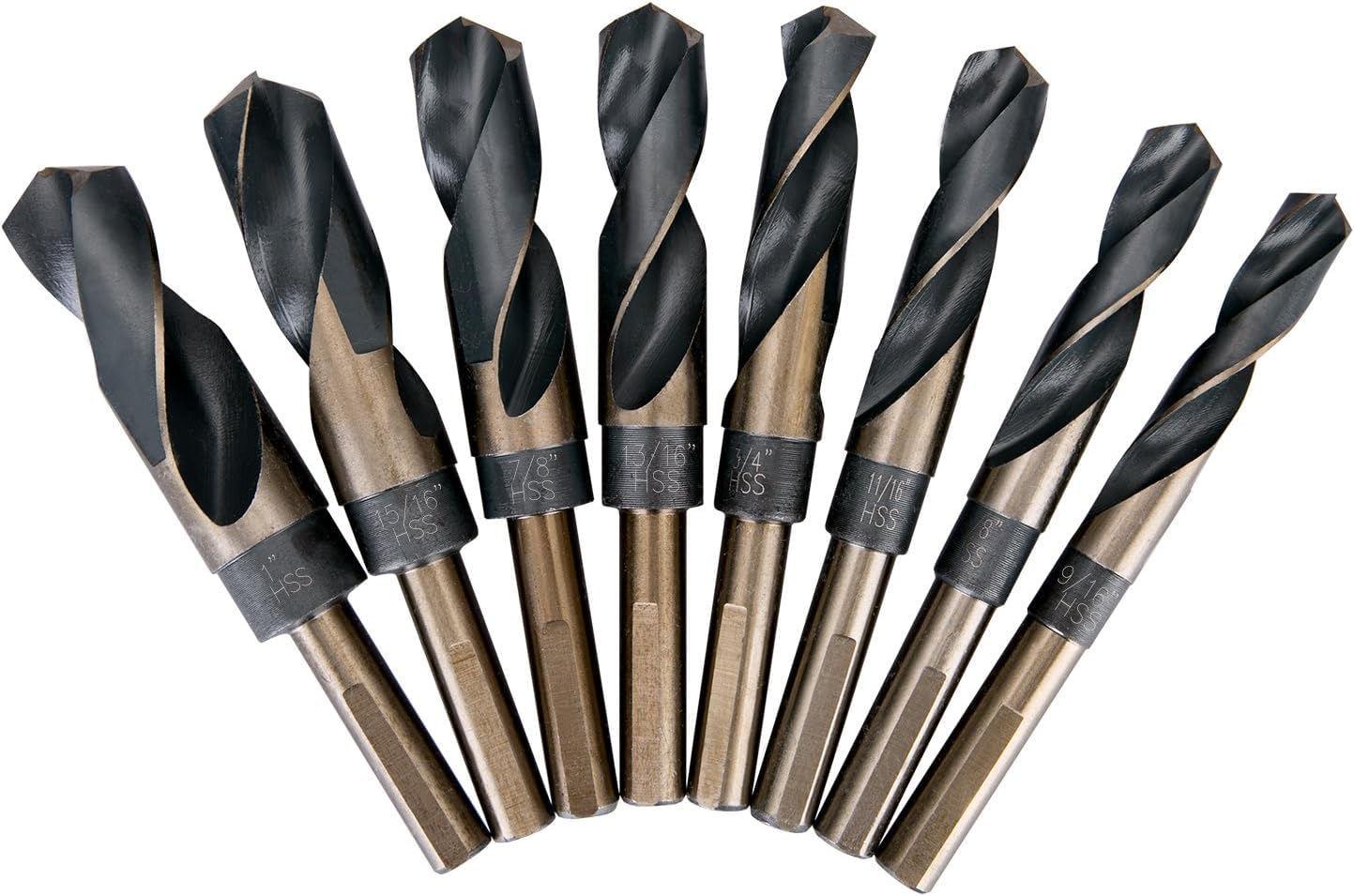 8 PCS 1/2" Reduced Shank Silver & Deming Large Drill Bit Set, M2 HSS with 135° Split Point in Aluminum Carry Case, SAE Inch Size 9/16" to 1" by 1/16th Increment