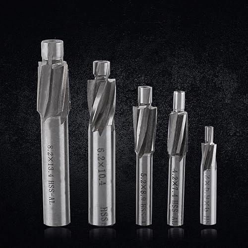 Miniatura 9 de Watris Veiyi Juego de 5 brocas avellanadas, vástago recto HSS-AL, 4 flautas, fresadora de extremo de molde de ranurado piloto M3-M8