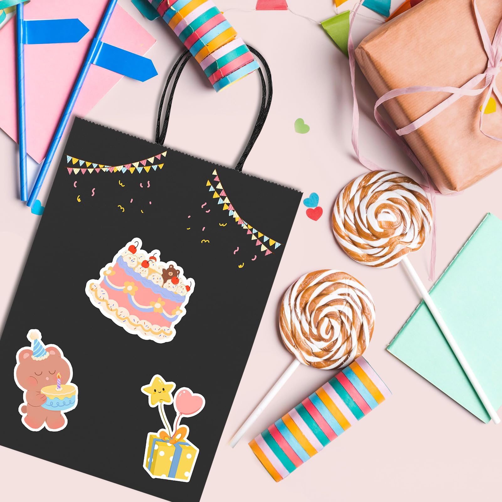 METRONIC Paquete de 100 bolsas de regalo pequeñas negras de 5.25 x 3.75 x 8 pulgadas, bolsas de papel kraft con asas, bolsas de compras para pequeñas empresas, boutique, papel de regalo, a granel