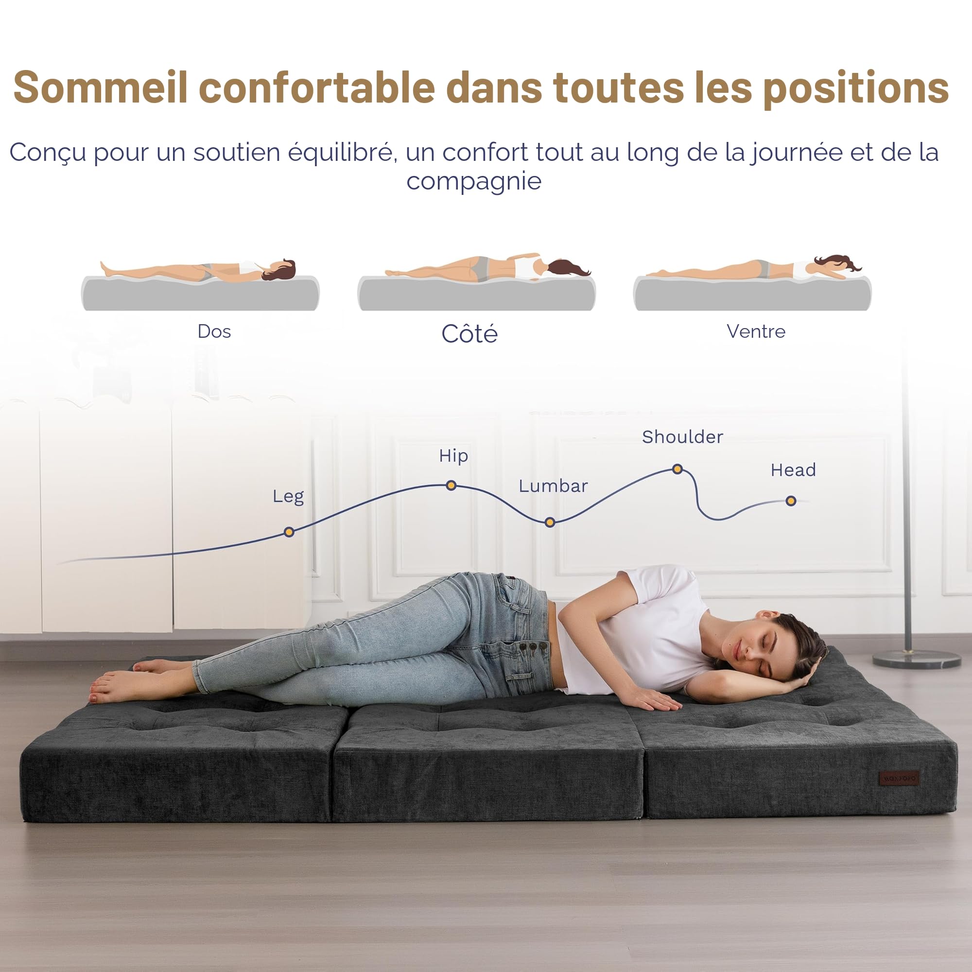 MAXYOYO Matelas Pliant 15 cm Célibataire, Confortable de avec Tissu Chenille, Canapé-Lit de Futon à Trois Fois pour Invité, Topper Sol pour Le Camping.