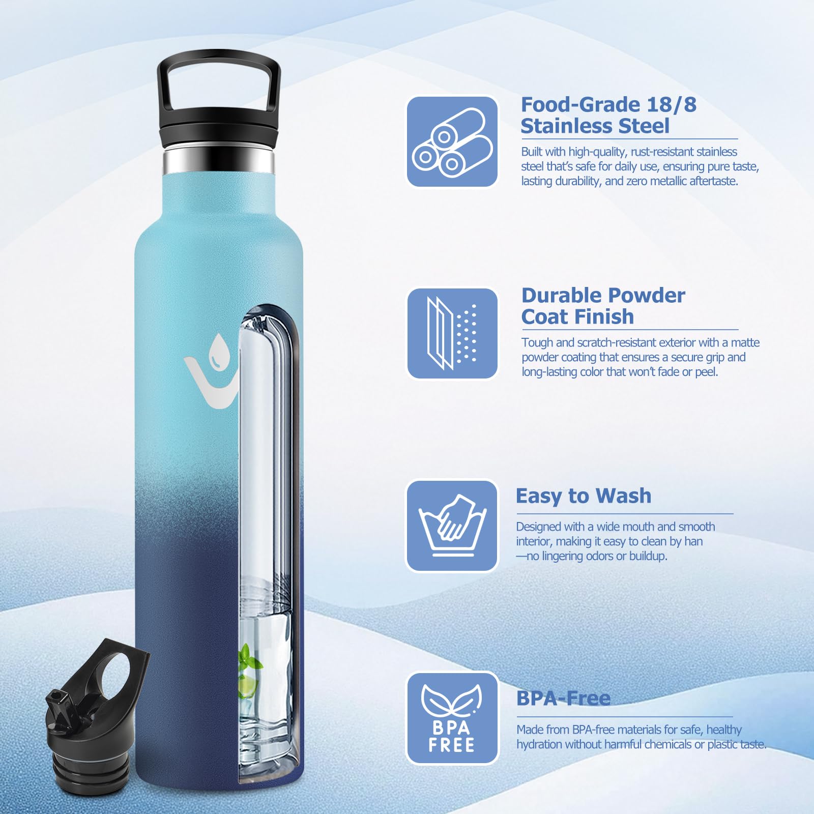 Borraccia Acciaio Inox 1 Litro, Bottiglia Termiche con Cannuccia, Isolamento Sottovuoto, Borraccia Termica Riutilizzabile, a Prova di Perdite, senza BPA, Termos per Scuola, Gimnasio, Campeggio