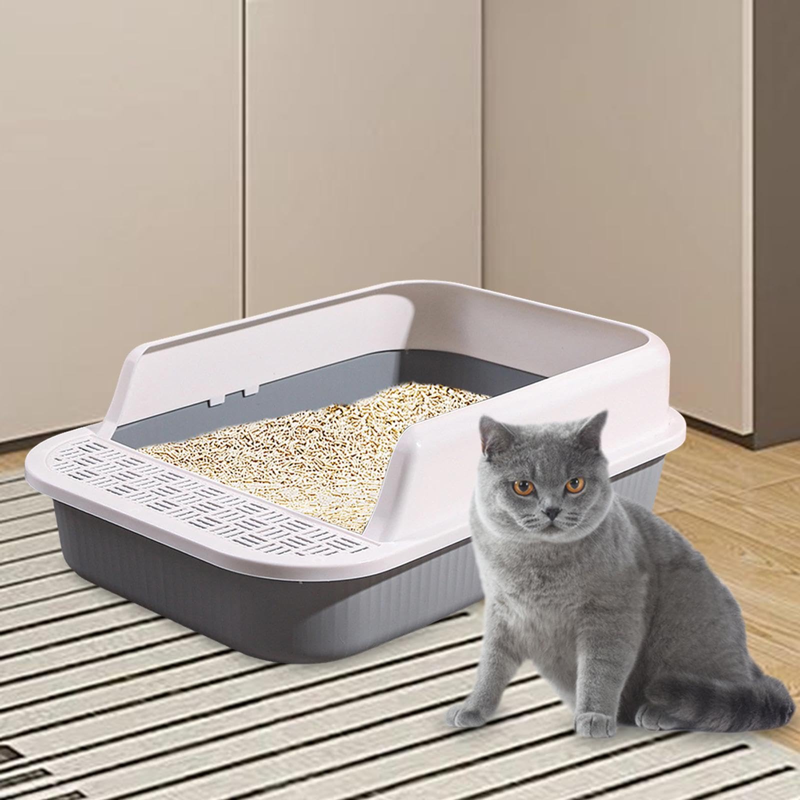 Lettiera per Gatti, Toilette per Gatti Semichiusa, Cassette Igieniche per Gatti Antispruzzo, Vaschetta per Sabbia per Gatti Grande, 53x35x18cm, Bianco e Grigio