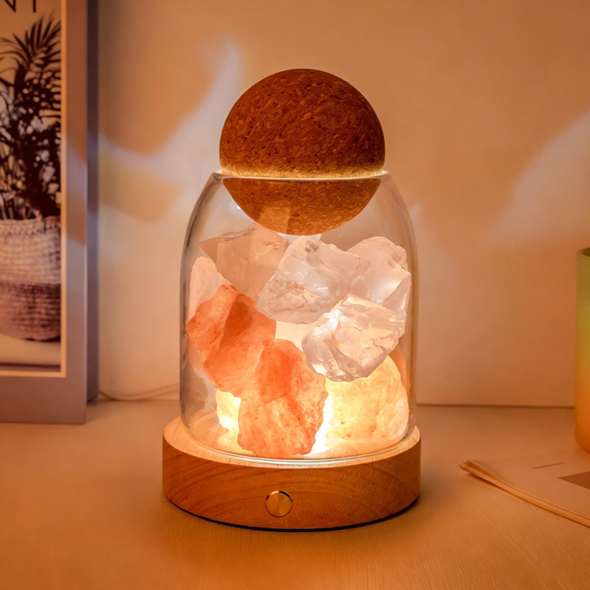 Lampka nocna z kryształu soli, naturalny dyfuzor zapachowy, port USB, 3 tryby kolorów, możliwość ściemniania, dekoracja do sypialni, biura, spa wellness i relaksu